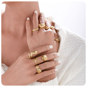 Étanche 18K Plaqué Or Acier Inoxydable Style Océan Étoile De Mer Hippocampe Coquille Ouvert <span class=keywords><strong>Anneau</strong></span> Réglable pour Femmes Bijoux De Mode - Product Image 6