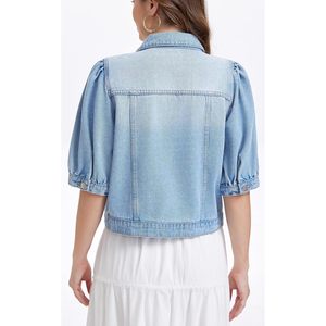Chaqueta vaquera corta personalizada para mujer con mangas abullonadas y bolsillos, abrigo vaquero azul claro lavado para mujer - Product Image 6