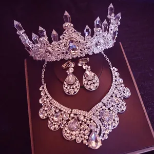 Conjunto de pendientes y collar de corona para novia, Juego de 3 unidades de diamantes de imitación, conjunto de corona nupcial, joyería de boda