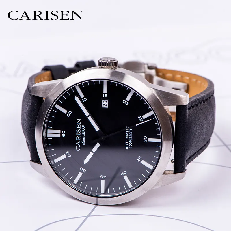 Carisen-Reloj de pulsera Vintage para hombre, con correa de cuero y movimiento mecánico, caja de acero inoxidable 316l con logotipo personalizado, 10atm