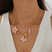 Collier en acier inoxydable plaqué or 18 carats avec pendentifs papillon rose, fleur, hippocampe, tortue, perle – Bijoux d'été côtiers anti-ternissement