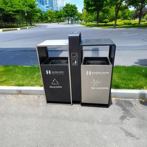 Poubelle de recyclage à double compartiment en acier inoxydable, debout, pour l'extérieur, avec cendrier central, pour les parcs publics, les allées, les espaces commerciaux - Product Image 1