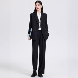 Women's Double-Breasted Suit Set Solid Color Polyester Anti-Wrinkle Casual Work Wear - Product Image 3