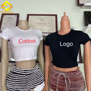 T-shirt da donna personalizzata in <span class=keywords><strong>cotone</strong></span>, estiva, casual, a maniche corte, girocollo, tinta unita, crop top, di alta qualità - Product Image 1