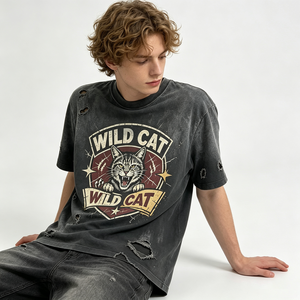 T-shirt Nera Distressed Acid Wash Heavyweight con Grafica <span class=keywords><strong>WILD</strong></span> CAT Stile Vintage Streetwear per Uomo Unisex Lotto all'ingrosso - Product Image 2