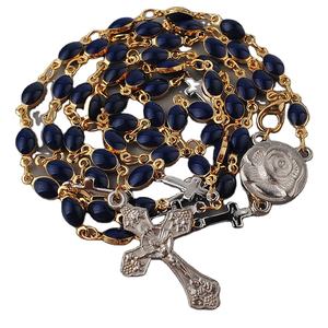 Mini connettore croce medaglia e blu scuro 14K oro reale placcato perline con catena di rame rosario Catholic collane per regali - Product Image 5