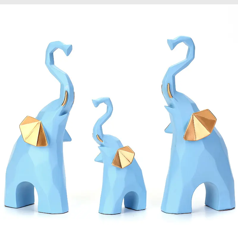 Nordic European blue resin elephant animal statue kit set creative with gold ear arts sculpture gifts ornaments for home Decor