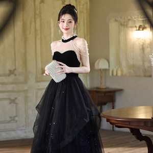 Black Ball Gown Sweetheart Neckline Empire Waist Pearl Detail Evening Dress For Banquets And Ceremonies - Product Image 1