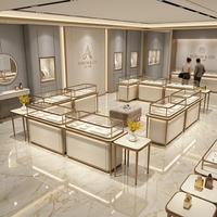 Comptoir de présentation de bijoux de luxe personnalisé avec cadre doré, vitrine en verre LED pour boutique de diamants et de pierres précieuses