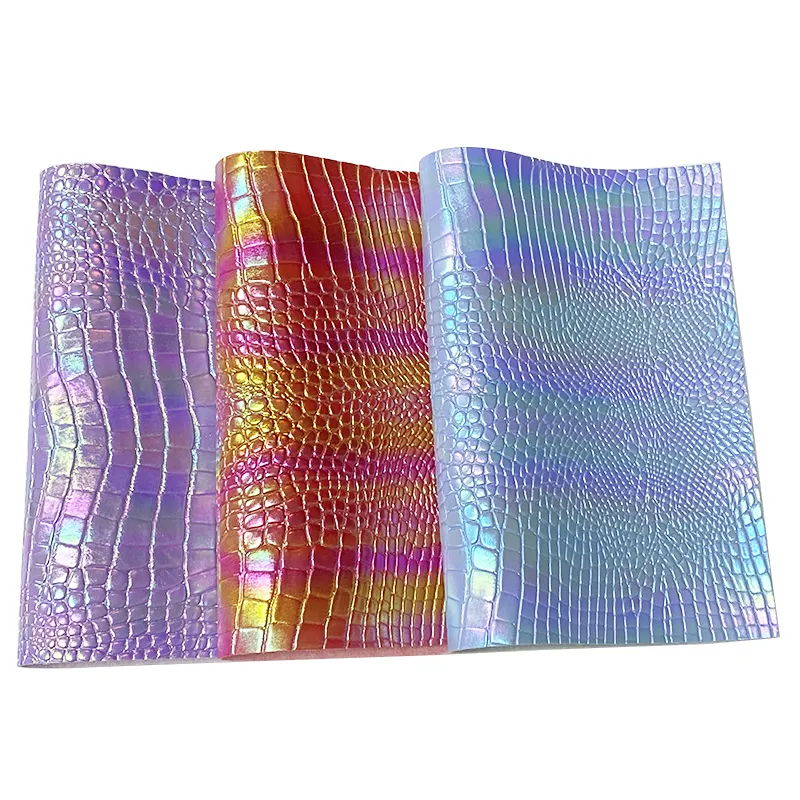 Tissu synthétique en PVC coloré arc-en-ciel Crocodile, cuir holographique à paillettes, cuir métallique pvc