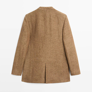 Blazer ajusté élégant pour femme en mélange de lin marron camel, sans col, à simple boutonnage, avec poches, respirant, idéal pour le travail et le bureau en été - Product Image 5