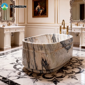 Baignoire ronde autoportante en pierre naturelle StoneSun Calacatta Viola, baignoire en marbre pour salle de bain à domicile - Product Image 2