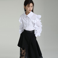 Kemeja Wanita Model Kerah Lipit Katun Gaya Desainer Baru, Elegan Putih dengan Lengan Ruffle dan Renda Kasual Musim Semi, Pasokan ODM