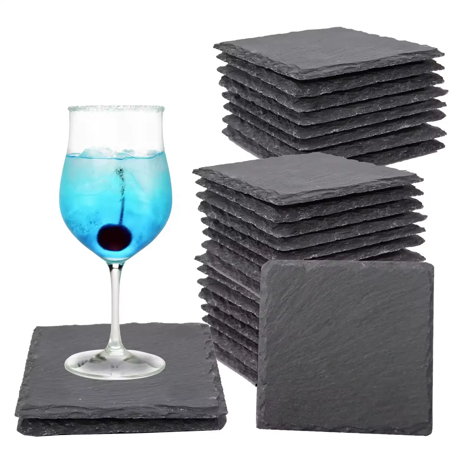 2024 Wholesale Black Non-Slip Engraving Drink Slate Stone Bulk Coasters Set