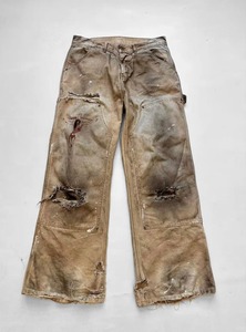 Fabricant en gros OEM ODM <span class=keywords><strong>Pantalon</strong></span> de travail pour homme à double genouillère en toile vintage effet boue, déchiré et vieilli, coupe large style ouvrier - Product Image 2
