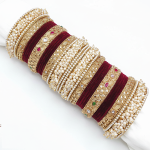 Traditional Kundan & Pearl Velvet Bangle <b>Set</b> Elegant Bridal Pearl <b>Bracelets</b> Premium Wedding Jewelry Collection - Product Image 2