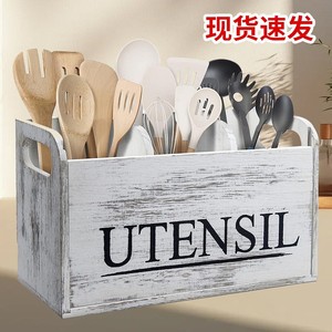 Retro White Wooden Utensil <b>Storage</b> <b>Box</b> Rectangular Multi Compartment <b>Kitchen</b> Organizer - Product Image 2