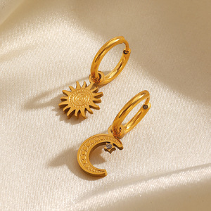 EH186 Sun Moon Stainless Steel Earrings Simple Moon Sun Asymmetrical Natural Stone Gold-Color Plating Trendy Butterfly Shape - Product Image 4