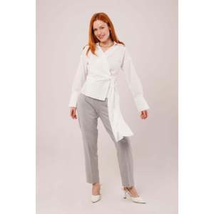 <b>Wrap</b> Collar <b>White</b> Shirt Women Poplin Office Button Down Blouse With Side Tie Detail - Product Image 6