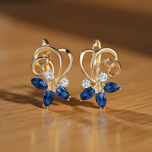 Orecchini a lobo con fiore dorato, zircone blu e diamante rotondo per donna, gioielli da festa, in lega placcata oro, stile romantico - Product Image 2