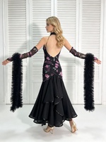 Robe de danse de salon vintage pour femme, imprimée, en maille, dos nu, col en V, pour entraînement et performance de valse