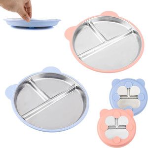Assiette bébé 9 pouces en acier inoxydable, non toxique, antidérapante, à ventouse, compartimentée, avec manchons en silicone amovibles, pour repas des tout-petits - Product Image 1