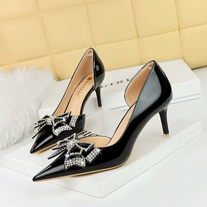 Fashionable Rhinestone Bowknot Women's Shoes Stiletto High Heels <b>Pointed</b> <b>Toe</b> Shallow Mouth Patent Leather Shoes - Product Image 3