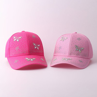 Casquette de baseball papillon à strass thermocollés, mignonne et scintillante, à visière incurvée, réglable, pour filles, vente en gros OEM