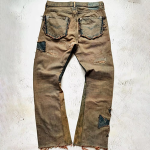 Men's High Quality Vintage <b>Jeans</b> Custom Mid Waist Straight Flat Distressed Wash Highstreet Breathable Zipper Fly for <b>Work</b>/Casual - Product Image 2