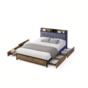 Modern <b>Queen</b> Murphy <b>Bed</b> Frame <b>With</b> Led Lights <b>Storage</b> Headboard Charging Station 4 Drawers Brown Gray - Product Image 1