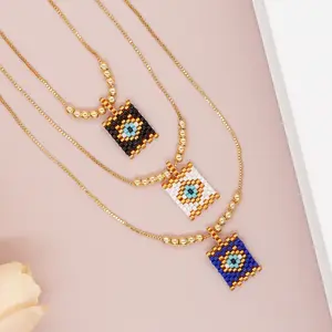 2023 Boheemse Stijl Geweven Blauw Oog Ketting Messing Gouden Kralen Ketting Miyuki Kralen Draad Ketting Voor Vrouwen