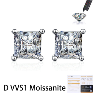 Boucles d'oreilles clous minimalistes en moissanite S925 en argent sterling plaqué rhodium, taille princesse, couleur D, VVS1, 2 carats, 4 griffes, vente en gros d'usine - Product Image 1