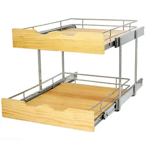 2层拉出橱柜组织器滑出木质搁板组织器双层厨房钢丝篮拉出橱柜组织器