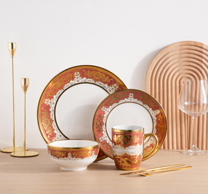 Wholesale Luxury Gold Rimmed Ceramic <b>Dinnerware</b> <b>Set</b>, Royal Red & Gold Porcelain Plates Bowls Mugs for Wedding Banquet - Product Image 2