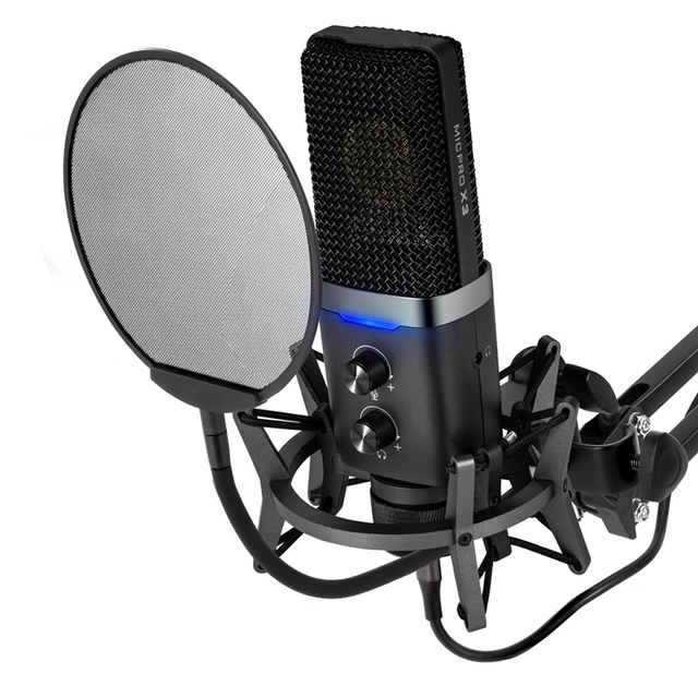 X3 16mm USB 5V Condenser Microphone Kit with Arm Stand Data Cable Rack Cardioid 20Hz-20kHz 96kHz/24bit for Podcast Streaming