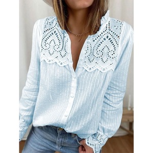 New Women's Lace <b>Patchwork</b> Hollow Stand-up Collar Long-sleeved <b>Shirt</b> Fashion - Product Image 4