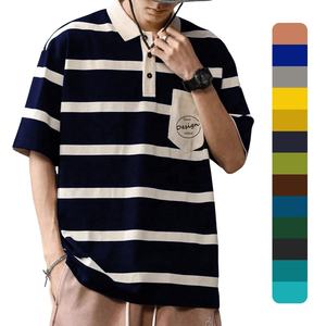 Camisa con hombros caídos transpirable de algodón 100 para hombre con estampado personalizado al por mayor, polos holgados de dos tonos con cuello vuelto a rayas - Product Image 1