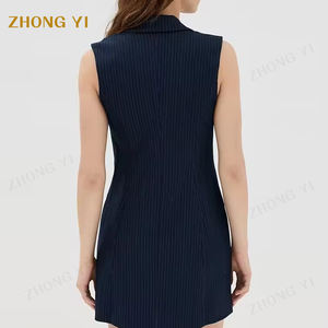 Groothandel Vrouwen Streep Ponte Mouwloze V-Hals Blazer Jurk Kraag Hals Piek Revers Double Breasted Knoopsluiting Pak - Product Image 5