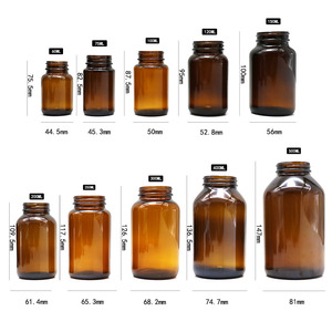Bouteilles <span class=keywords><strong>en</strong></span> verre <span class=keywords><strong>de</strong></span> différentes tailles, <span class=keywords><strong>de</strong></span> forme ronde, pour emballages médicaux, médicaments, vitamines, comprimés, poudres, suppléments, capsules, médicaments, avec bouchons - Product Image 2