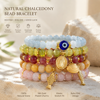 Bracelet élastique bohème en perles de calcédoine naturelle avec breloque poisson Koi doré et œil porte-bonheur pour femme, cadeau bijou