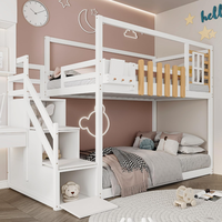Lit superposé avec escalier et étagère Lit pour enfant en bois de pin massif avec fenêtre et barrière de protection contre les chutes Lit au sol blanc