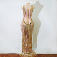 Handgefertigtes goldenes Spiegel-Kristall-Quastenkleid im Club-Stil, bodenlang, Drag-Queen-Kostüm für roten Teppich, Festzüge und Bankette
