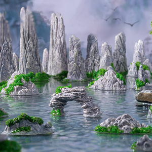 Figurine micro-landscape créative et mignonne, décoration de montagne artificielle en résine, radeau en bambou, paysage artisanal pour bureau - Product Image 2