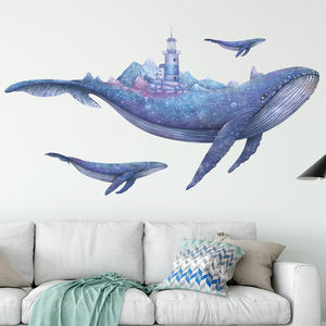 Autocollants muraux de <span class=keywords><strong>baleine</strong></span> bleue de dessin animé, papier peint de poissons des grands fonds, autocollant de <span class=keywords><strong>phare</strong></span>, décoration de la maison pour le salon, la chambre à coucher, autocollant mural - Product Image 4