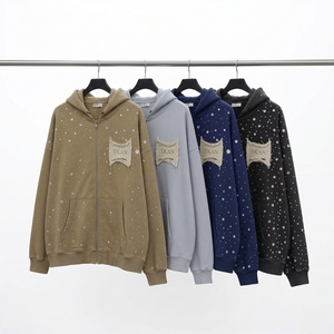 Sweat à capuche oversize streetwear hip-hop déchiré avec patchs, 100 % coton, logo personnalisé, pour homme, style Y2K, avec strass, fermeture éclair intégrale, prix bas - Product Image 1