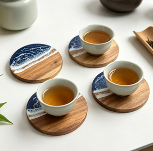 Posavasos Redondos de Resina con Diseño de Olas Oceánicas y Madera de Acacia, Resistentes al Calor, para Restaurantes, Hoteles, Bodas y Banquetes, Venta al Por Mayor - Product Image 1