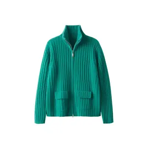 Chaqueta de punto de Cachemira para mujer, abrigo de cuello alto con cremallera a rayas verticales, boutique, otoño e invierno, 2023