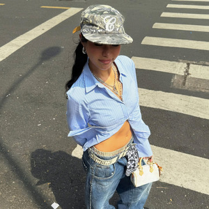 Camisa de manga larga a rayas azules para mujer, diseño con espalda descubierta y lazo en la cintura, botones frontales, blusa informal tipo cárdigan, top de moda - Product Image 2