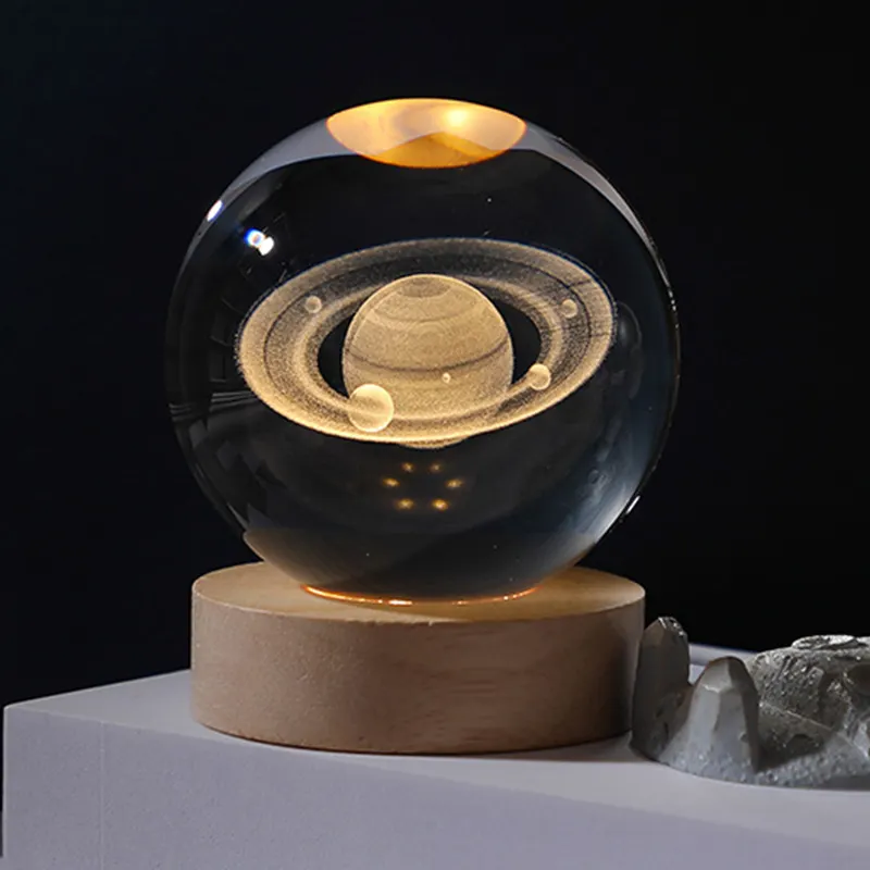 Crystal Ball Night Lamp Wood Base 3D Galactic Solar System Ambient Unique Crystal Ball Light Led Night Light For Gift