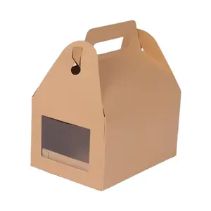 Foldable Bento Cardboard Box Handle Cake/Fried Chicken Food Packaging Brown Kraft Gable Box